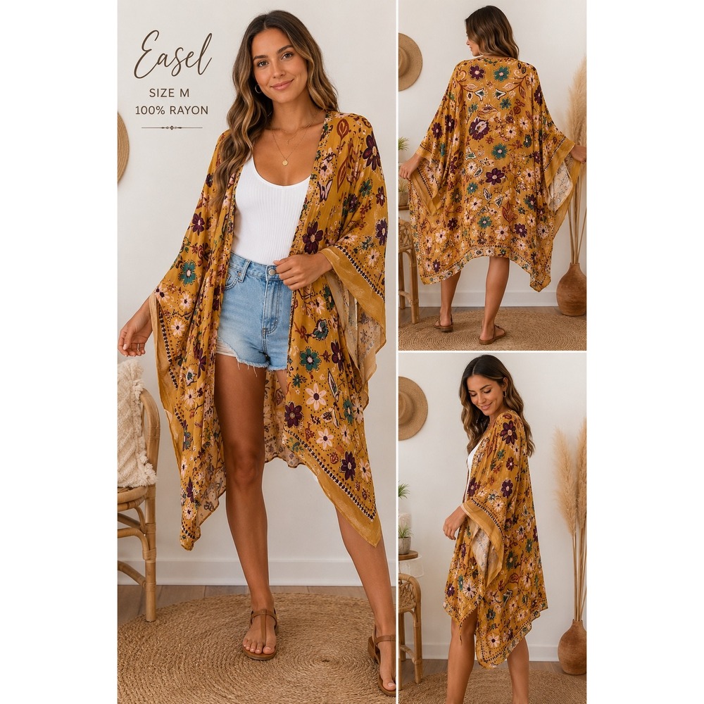 Easel Mustard Floral Boho Kimono Cardigan Duster Festival Rayon M